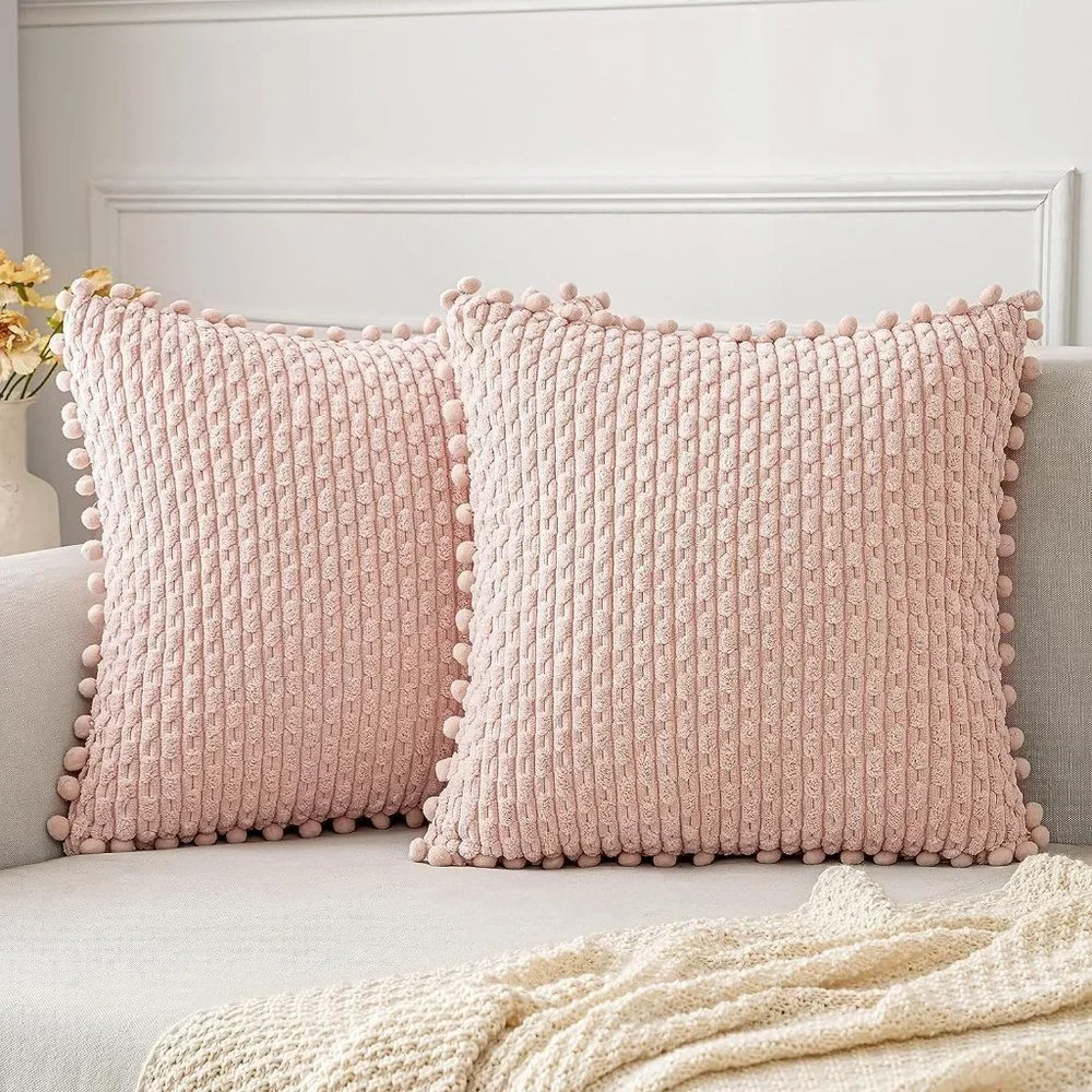 Pompom Pink Stripe Texture Corduroy Farmhouse Cute Luxury Soft Pillow Cover Set